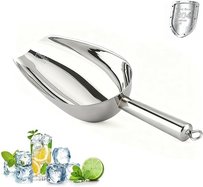 12 Oz 304 Stainless Steel Ice Scoop with Magnetic Hook - Heavy Duty Commercial Ice Shovel for Ice Maker & Freezer, Large Scooper for Bar, Kitchen, Party & Pet Food, Easy to Clean (Silver)