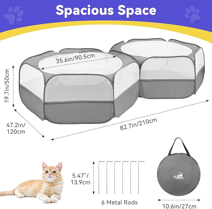 Pawaboo Extra Large 2-in-1 Small Animals Playpen, 2 Detachable Pet Cage Tent with Zipper Splicing, Portable Outdoor Yard Fence with 3 Metal Rod for Chick/Kitten/Puppy/Guinea Pig/Rabbits, Gray