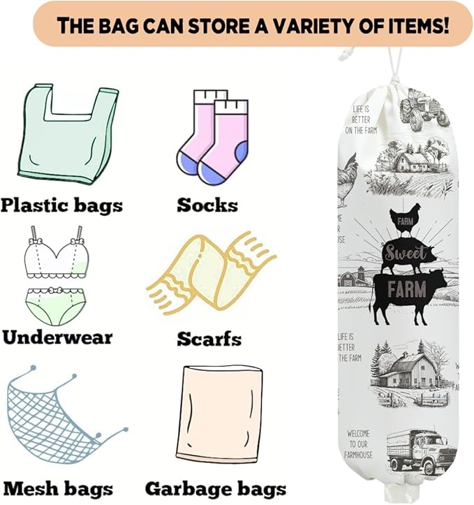 Rustic Sweet Farm Animals Plastic Bag Holder for Kitchen Essentials, Wall Mount Grocery Bag Holder for Plastic Bags, Cow Pig Chicken Reusable Grocery Bags Storage Dispenser for Home Kitchen Farmhouse