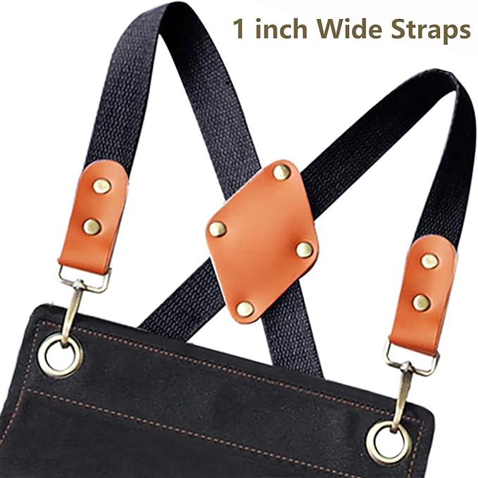 AFUN Work Aprons for Men with Large Pockets, Cotton Canvas Cross Back Heavy Duty Adjustable Tool Apron, Size M to XXL (Black)