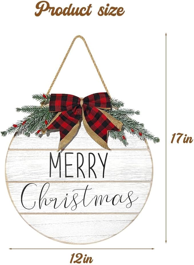 Bunny Chrous Christmas Door Sign: Rustic White Merry Christmas Wreaths for Front Door Wall Porch Home Office School, 12" Farmhouse Classic Elegant Door Decor, Vintage Door Decorations Indoor Outdoor