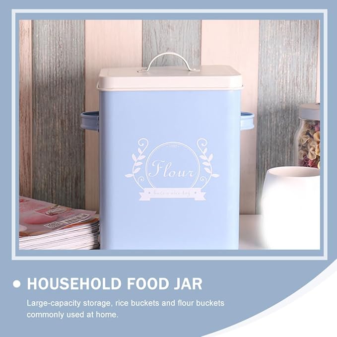 Rice Storage Container Iron Grain Box with Lid, Blue Metal Kitchen Organizer for Rice, Bread, Snacks – Food Storage Bin for Pantry and Home Use,