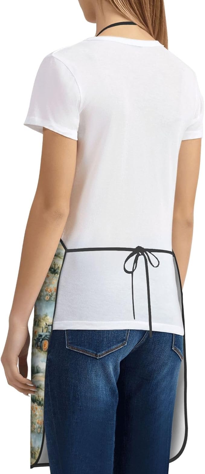 Chef Aprons for Men and Women - Village Flower Tractor Print Oil-Resistant Bib Aprons for Cooking or Grilling BBQ Kitchen