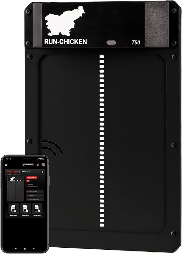 RUN-CHICKEN Door T50 – Automatic Chicken Coop Door Opener, Battery Powered & Weatherproof Aluminum, Smart App & Timer Control, Predator Proof, Easy Install, Reliable All-Season Performance (Onyx)