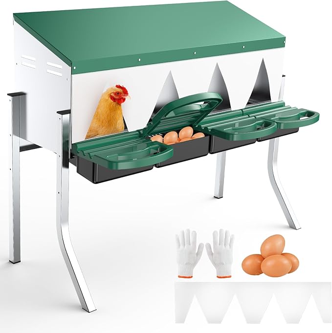Chicken Nesting Boxes for Laying Eggs - 4 Compartment Roll Away Nesting Box for Chickens Coop with Adjustable Legs,Chicken Perch ＆ Roll Out Egg Tray,Curtains and 4 Fake Eggs Help Hen for Laying Eggs