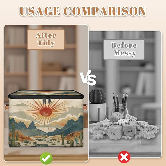 Cactus Storage Bins with Lids, Desert Sunset Fabric Storage Boxes with Zipper, Collapsible Decorative Closet Organizer Cube for Clothes, Organizing, Shelves