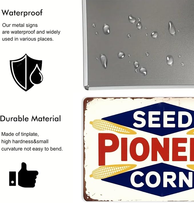 Seed Pioneer Corn Sign Tin Sign Vintage Farmhouse Metal Sign Print Aesthetic for Garden Yard Bar Porch Home Bedroom Kitchen Wall Decor Gift 8 X 12 in