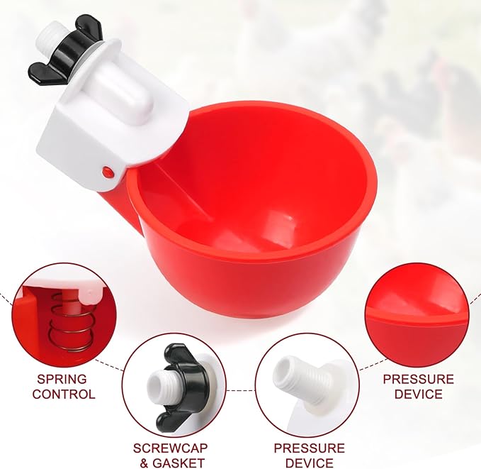 Chicken Waterer Cups, 8 Pack Red Automatics Chicken Waterer, Professional Poultry Cups Suitable for Chicks, Duck, Goose, Turkey and Bunny Various Poultry, Compatible with Various Containers