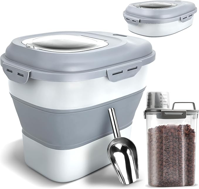 Dog Food Storage Container, Airtight Collapsible 13lb to 30lb Pet Food Container with Flip Top, Rolling Wheel, Scoop and 3L small container for Dog Cat Food and Dry Food of Rice, Flour