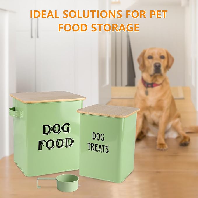 Morezi Dog Food Storage Container Farmhouse Pet Food Treats Bin with Lid and Scoop, Perfect Sturdy Canister Tins for Kitchen Countertop, Shelf, Great Gift for Pet Owners - Dog Food - Green