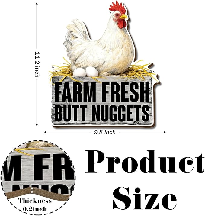 Farmhouse Kitchen Wall Decor, Chicken Coop Sign Farm Fresh Butt Nuggets, Rustic Wood Hanging Plaque, Vintage Painting Style Hen and Eggs Wall Art for Country Kitchen Breakfast Nook, 9.8x11.1 Inches
