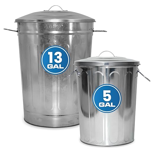 Plexon 13 Gallon Metal Trash Can and 5 Gallon Small Metal Trash Can with Lids Heavy-Duty Outdoor and Indoor Set for Storage Ash Bucket Bird Seed and Farm Use, Bundle