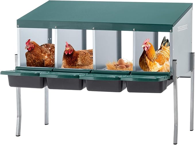 Chicken Nesting Box, 4 Compartment Roll Out Hens Nest Boxes with 4 Legs, Chicken Laying Box w/Lid Cover for Outdoor Chicken Coop Cages Farm Yard, Green (4 Holes w/Legs)