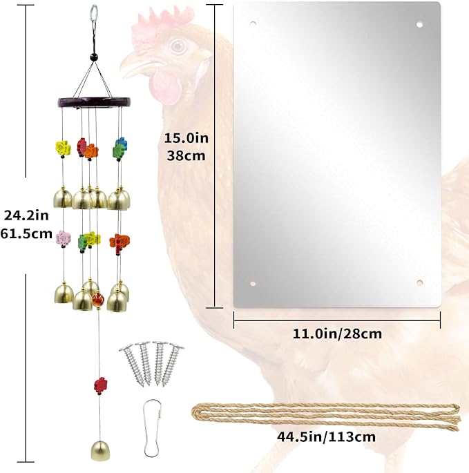 Chicken Coop Accessories, 2-in-1 Acrylic Mirror and Wind Chime Beak Toys Set, Chicken Toys for Coop, Enrichment Toys for Hens, Ducks, Geese, Turkeys, Poultry
