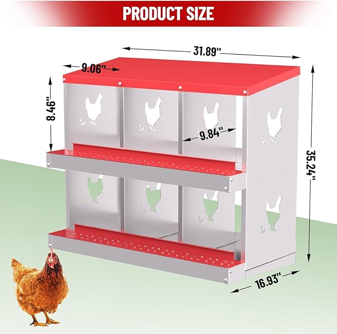 TrailBlaze Chicken Nesting Box 6 Compartments Laying Boxes, Metal Chicken Egg Laying Box with Rollout Egg Collection, Large Vented Holes Chicken Coop for Chickens, Hens (Red)