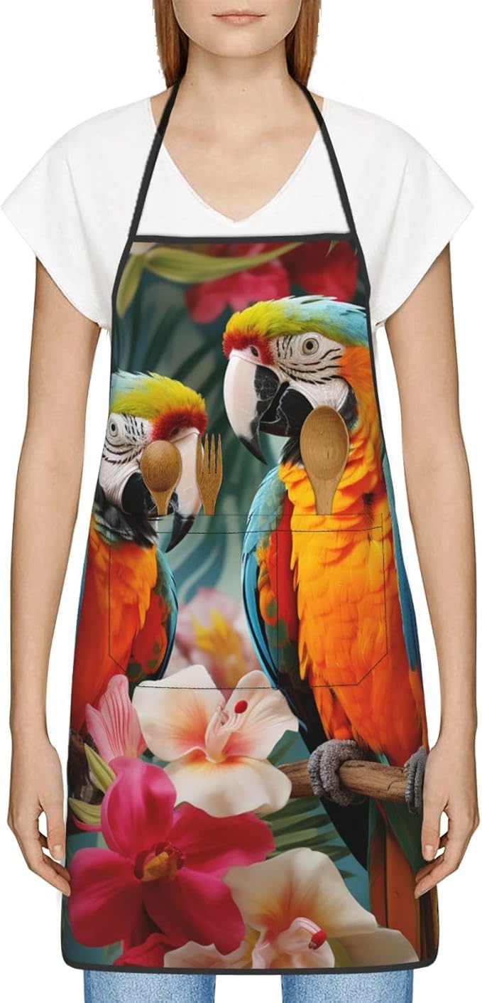 Kitchen Aprons for Men Women Waterproof Apron with 2 Pockets Tropical plants and parrots Apron Adjustable Bib Aprons