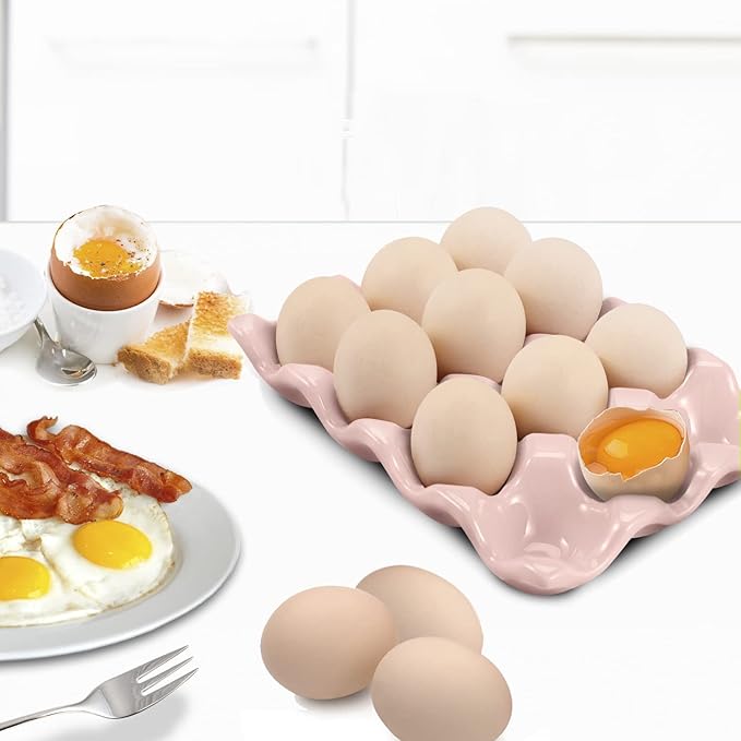 Flexzion Ceramic 12 Cups Egg Tray - Whole Dozen Porcelain Egg Holder Container Keeper Storage Organizer Decorative Serving Stand Serveware for Refrigerator Fridge Countertop Display Kitchen (Pink)