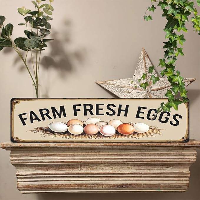 Rustic Chicken Coop Decorative Sign - ''Farm Fresh Eggs' Metal Sign, 16x4 Inch - Farmhouse Art Plaque Sign For Home, Hen House, Yard, Bar or Cafe, Store Hanging Decor, Room Decor