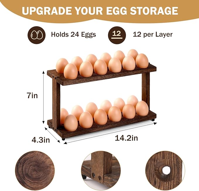 PEKER Wooden Egg Holder, 2-Tier Countertop Egg Rack, 24-Egg Capacity (Paulownia Wood), Farmhouse Kitchen Organizer for Fresh Eggs