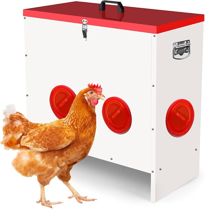 Professional Automatic Chicken Feeder (50LB) - 6 Port Metal Chicken Feeder，Large Capacity Automatic Poultry Feeder System, No Waste Poultry Feeder with Locking Lid for Chickens, Ducks&Poultry