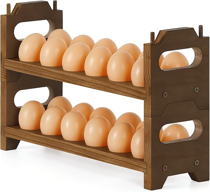 Wooden Egg Holder Countertop Fresh Chicken Egg Holders Storage for Gathering Fresh Eggs, 2-Tier Stackable with 24 Eggs, Farmhouse Home Eggs Rack Organizer Decoration