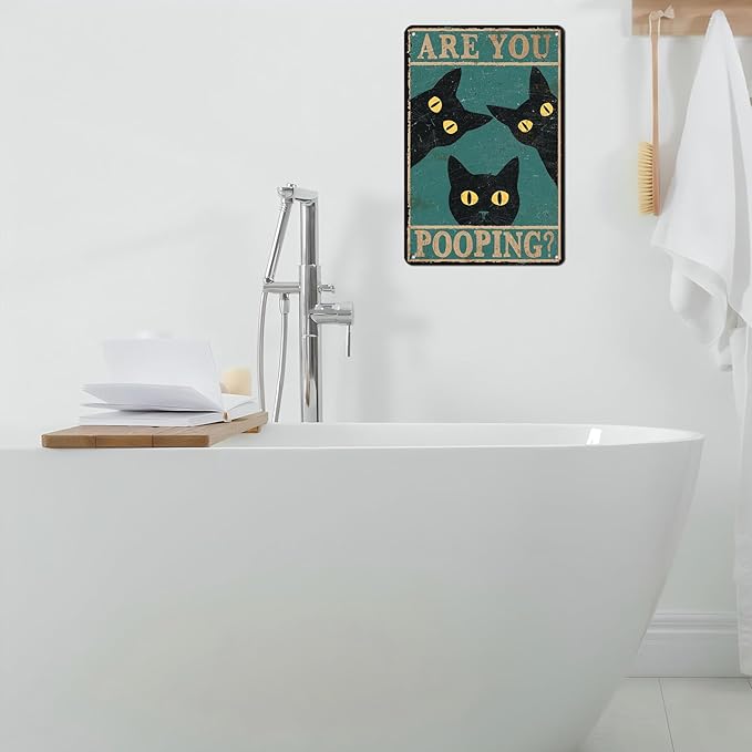 Black Cat Vintage Tin Sign Are You Pooping Metal Tin Sign for Bathroom Decor Poster 12 * 8inch