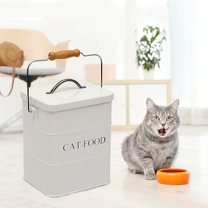 Cat Food Treat Storage Container with lid scoop included - Perfect Farmhouse Cat Food Bin for Kitchen Countertop, Shelf, Decoration Home - Cat Food - White