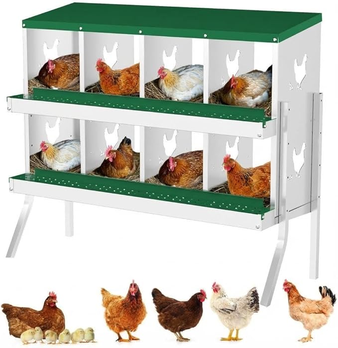 Chicken Nesting Box,8 Holes Galvanized Steel Metal Chicken Laying Box with Automatic Roll-Away Egg Collection System & Removable Tray,Wall Mount Nesting Boxes