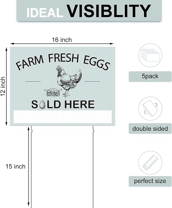 Soaoo 5 Pcs Farm Fresh Eggs Sold Here Sign 16 x 12 Inch Double Sided Fresh Eggs for Sale Sign Corrugated Plastic Chicken with Stakes Easter Egg Sale Signs for Indoor Outdoor Yard