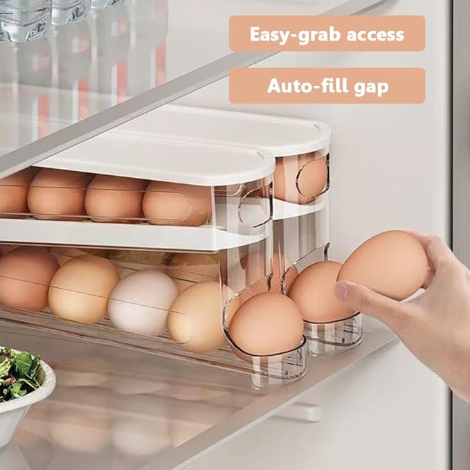 Auto-Rolling Egg Dispenser with Lid - Transparent Fridge Egg Organizer, Space-Saving Refrigerator Storage Box with Slide Design for Side Door, Stackable & Easy Access (1 Pack)
