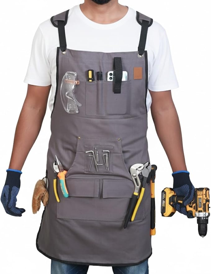 Woodworking Apron for Men - 9 Reinforced Pockets Durable Canvas Padded Cross Straps - Woodworking Gifts for Men