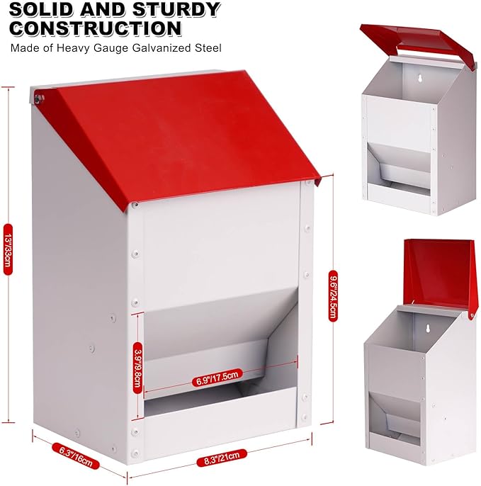 Automatic Metal Chicken Feeder Galvanized Poultry Feeder with Lid Outdoor Wall Mount Chicken Food Dispenser Gravity Fed Chicken Feeder Weatherproof No Waste Quail Duck Feeder (10LBS)