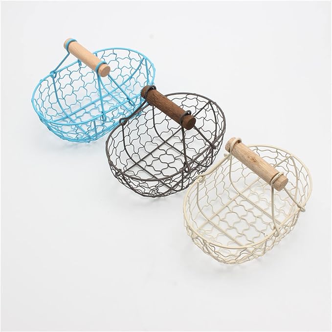 Metal Wire Basket with Wooden Handles Farmhouse Chicken Egg Storage Basket Vintage Country Style Metal Fruit Baskets Gathering Bin Container for Home Kitchen Wedding(Off-white)