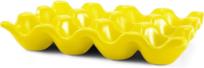 Flexzion Yellow Ceramic Egg Tray - Dozen Egg Cup Holders, Elegant Design, Microwave and Dishwasher Safe