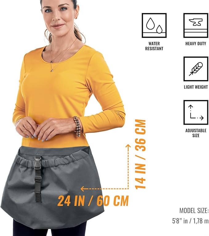 Under NY Sky Garden Half Apron - Big Harvest Pouch, Buckle Closure, Water-Resistant - Landscaping, Orchard, Gardening, Collecting, Planting - Half Apron Grey