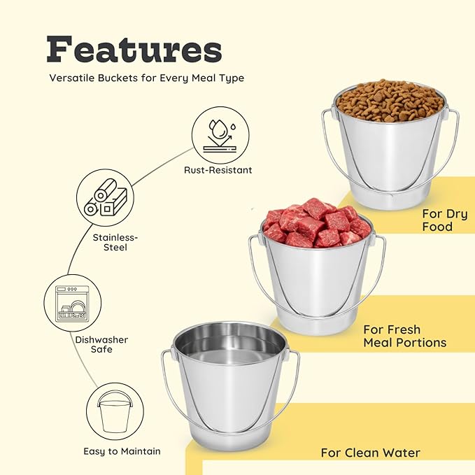 4 quart Heavy Duty Stainless Steel Round Bucket with Handle | 1 gal Durable Food & Water Bowl for Birds Dogs Cats Goat & Livestock | Fits kennel Crate Cage Farm | Hanging Utility Pet Pail