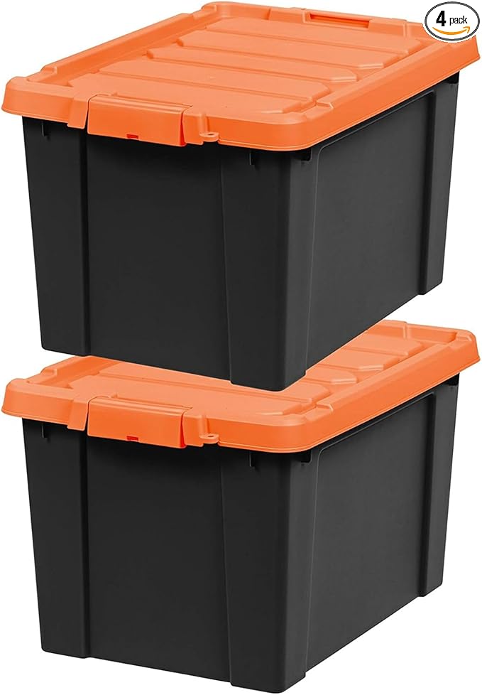 IRIS USA 4 Pack Lockable Storage Bins, Heavy Duty Stackable Containers with Lids for Garage Organization or Moving, 20 Gallon, Black/Orange