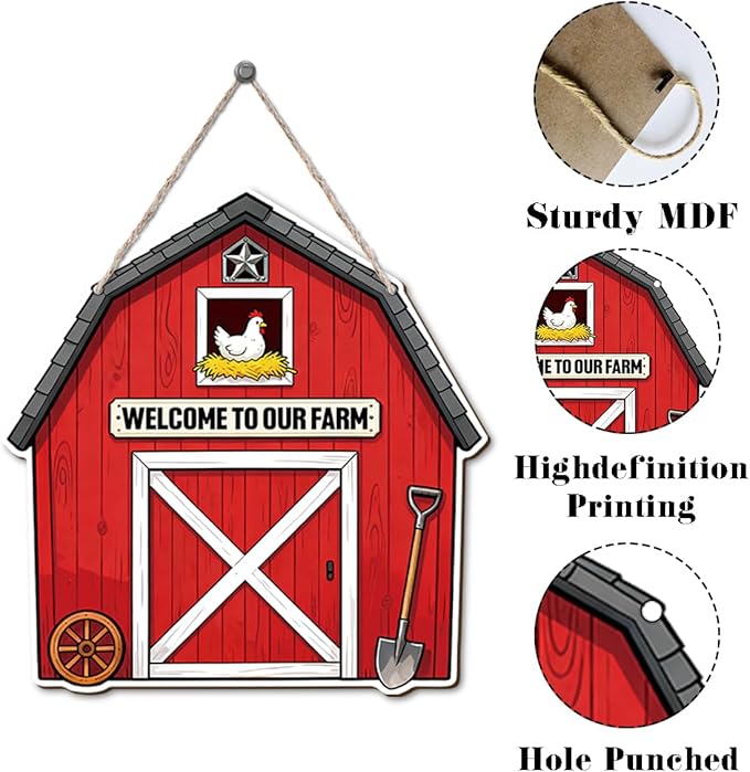 Farmhouse Wall Decor, Red Barn Welcome to Our Farm Sign with Chicken, Rustic Cartoon Painting Style Wood Hanging Plaque, Country Farmhouse Wall Art for Kitchen Porch or Entryway, 9.8x10.2 Inches