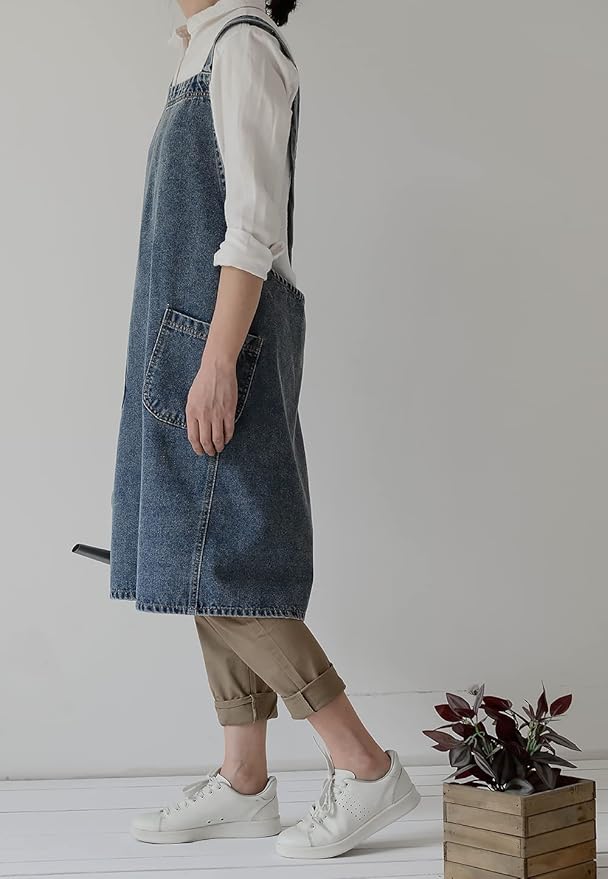 Cotton Denim Apron Soft - Unisex Adjustable Bib Apron with 5-Pockets Perfect for Kitchens