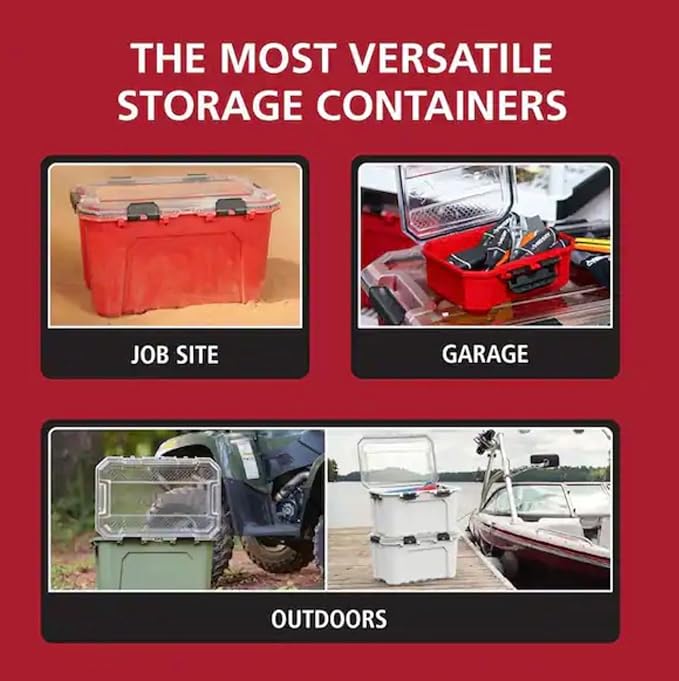 Professional Heavy Duty Waterproof Stackable Plastic Storage Container with Hinged Lid, Red, Rectangular, (20 Gal)