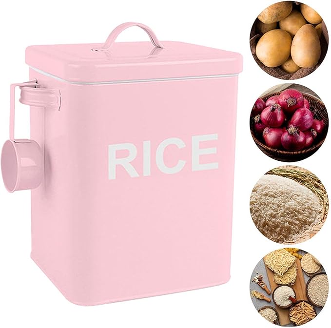 Fenteer Metal Rice Storage Box, Flour Canister and Spoon, Sealed Food Storage Bin, Iron Rice Container for Flour, Cereal, Pet Food, Pink M