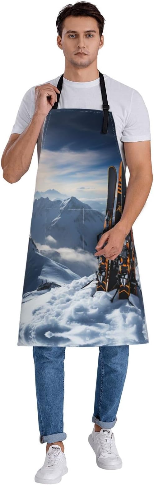 Kitchen Aprons for Men Women Waterproof Apron with 2 Pockets Skis on mountain Apron Adjustable Bib Aprons