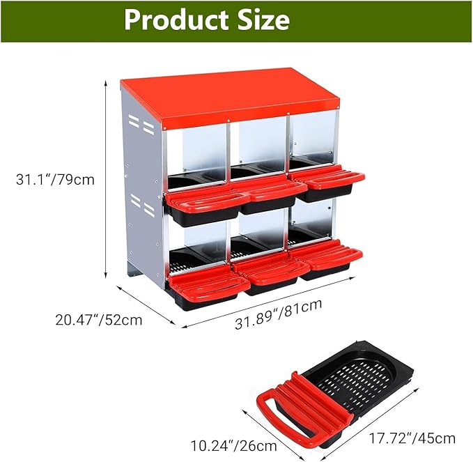 Chicken Nesting Box, 2-Tier Chicken Laying Boxes for Hens, 10 Hole Nesting Boxes for Chickens, Roll Away Nest Box for Laying Eggs, Roll Out, Easy Egg Collection (Red, 6-Holes Without Legs)