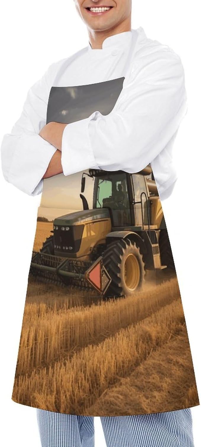 Farm Tractor Harvest Apron with Pockets Water And Oil Resistant Kitchen Aprons Professional Adjustable Bib Apron for Women Men