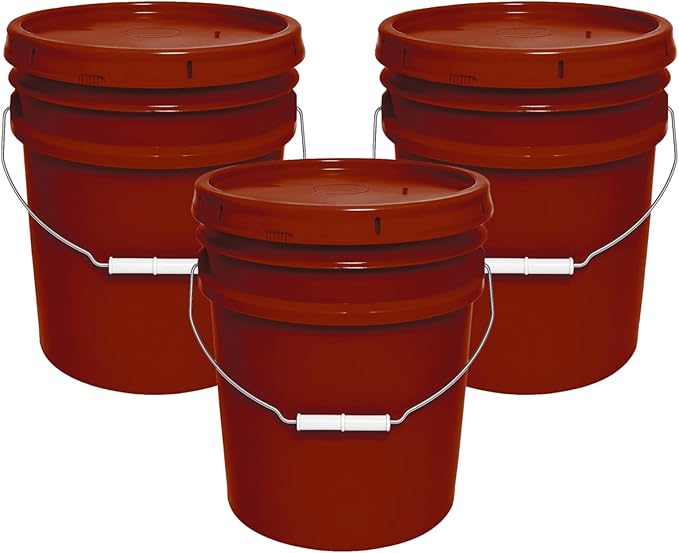 5-Gallon Bucket with Airtight Lid – Made in USA, Food Grade BPA Free Plastic, Heavy Duty Multi-Use, Metal Handle with Grip, Stackable Storage – Burgundy, 3 Pack
