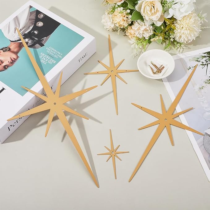 CREATCABIN 4Pcs Metal Star Burst Wall Decor Mid Century Star Decor Gold 8 Pointed Atomic Stars Celestial Wall Art Sculpture Hanging Ornament Modern Home Accents for Bedroom Office Room Decoration