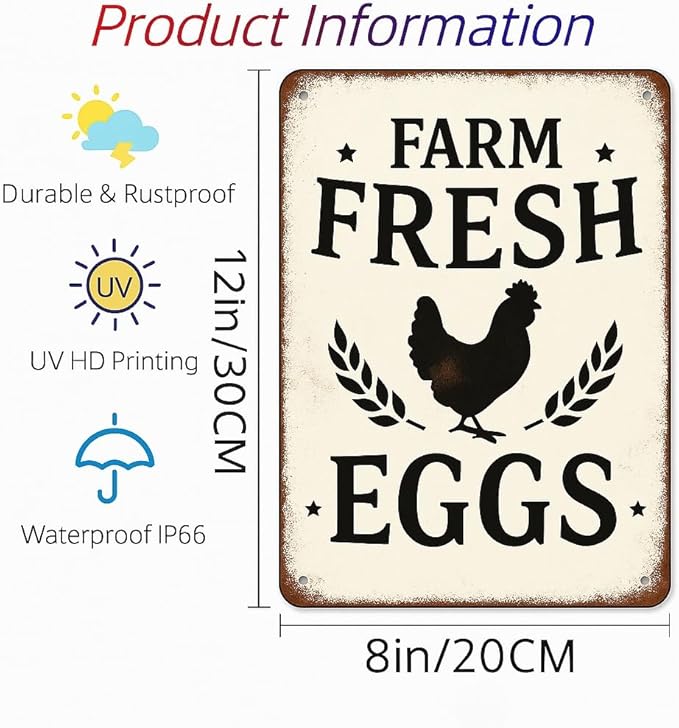 Vintage Farm Fresh Eggs Metal Sign,Farmhouse Style Tin Signs For Chicken Coop Rustic Kitchen Garden Decor Farmhouse Style 8"×12"