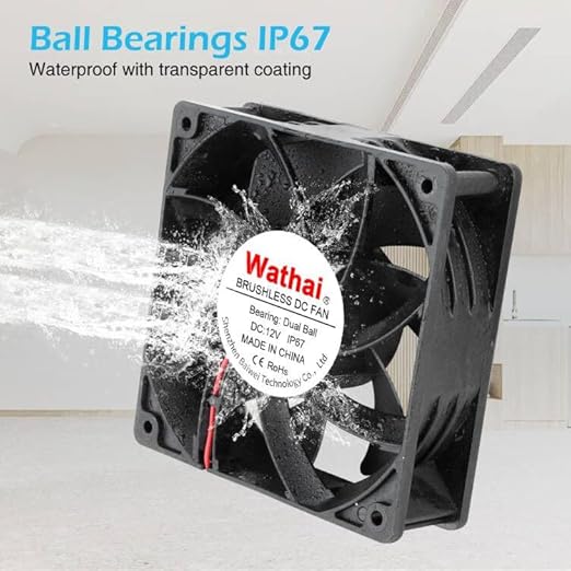 Wathai IP67 120mm x 38mm 12V Waterproof Exhaust Fan Dual Ball High Preformance for Greenhouse, Van, Humid Environments, Outdoor Enclosures or DIY Cooling Ventilation Projects