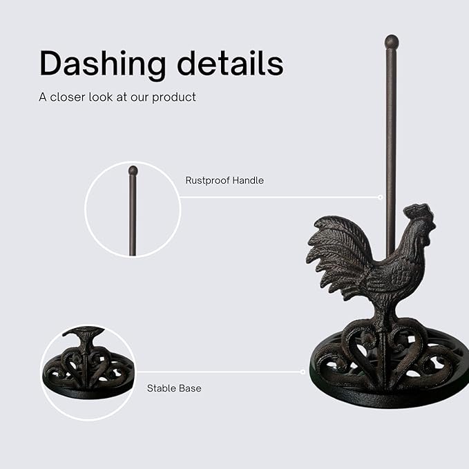 Rustic Elegance Cast Iron Rooster Paper Towel Holder - Freestanding 12" Kitchen Countertop Accessory with Farmhouse Charm - Black Country Style Decor