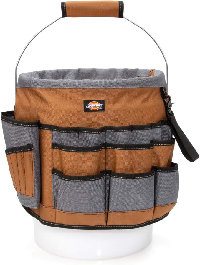 Dickies 35-Pocket 5-Gallon Bucket Organizer With Drill Holster, Padded Handle, and Tape Tether, for Contractors and Painters
